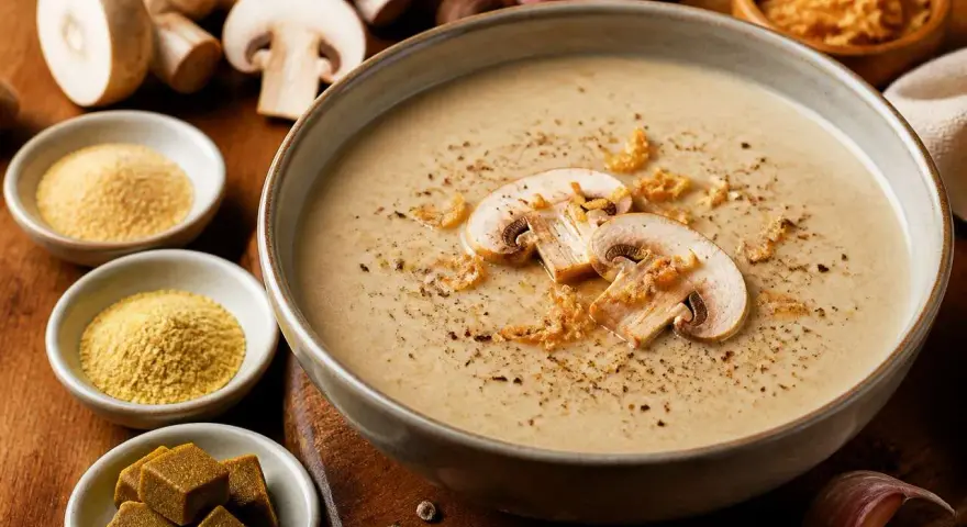Un réconfortant velouté de champignon, garni de fines tranches et de croquant. Autour, des ingrédients frais et des cubes de bouillon promettent une saveur intense.