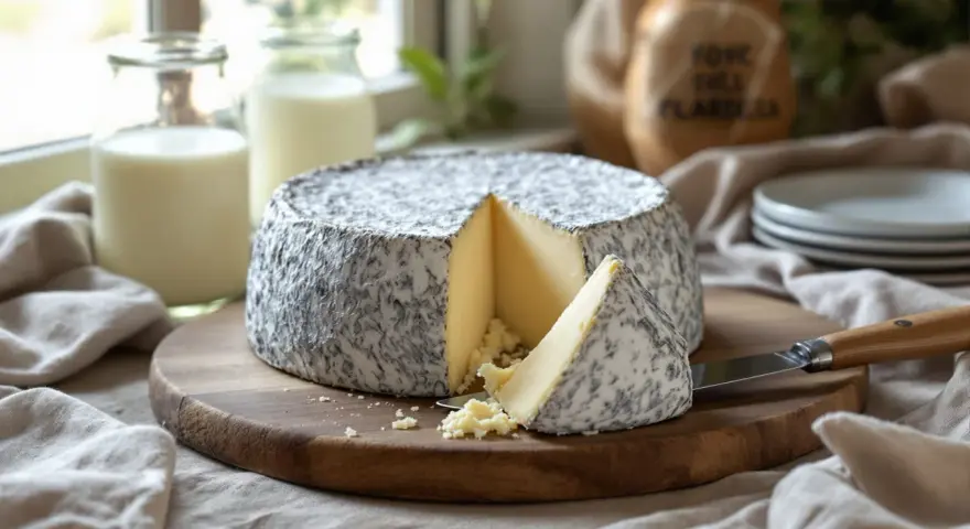 Un fromage à pâte pressée non cuite, à la croûte grise et blanche, est coupé sur une planche en bois. Le Pouligny Saint-Pierre est prêt à être dégusté.