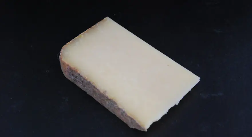 Un morceau de Cantal, lait cru ou pasteurisé, à la croûte rustique et à la pâte jaune pâle, posé sur un fond sombre.