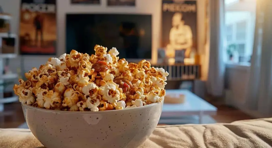 Un bol généreux de pop corn maison, caramélisé et prêt à être dégusté devant un bon film.
