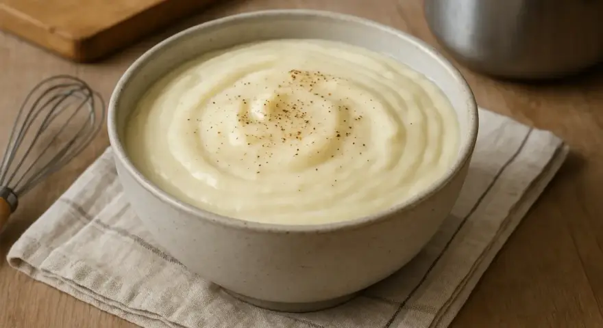 Bol de béchamel onctueuse saupoudré de poivre, avec un fouet et une planche en bois en arrière-plan.