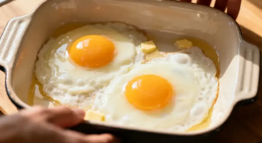 Deux œufs au plat dans un plat en céramique, parfaits pour une recette avec beaucoup d'œufs. Du beurre fond doucement.