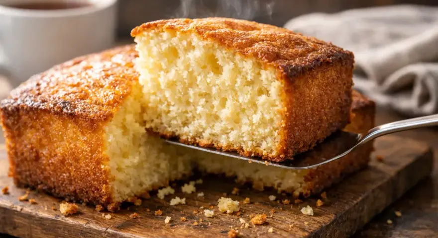 Un délicieux gâteau nature, encore chaud, est servi sur une planche en bois. La vapeur s'en dégage, invitant à la dégustation.