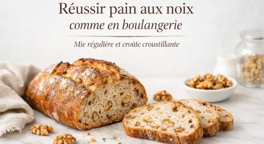 Un pain aux noix artisanal, tranché, avec une mie aérée et une croûte dorée. Des noix parsèment la mie et quelques-unes sont disposées autour.