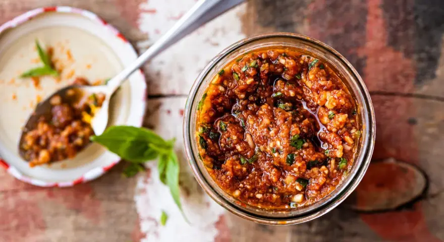 Un pot de pesto rosso maison, prêt à être dégusté. Une recette simple et savoureuse pour relever vos plats.