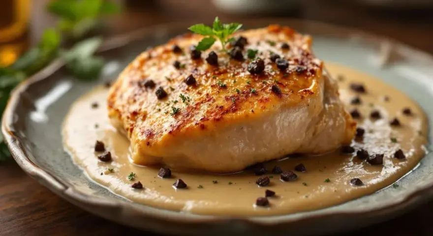 Un filet de poulet doré baignant dans une onctueuse sauce aux morilles, parsemé de morilles hachées et d'une touche de persil frais.