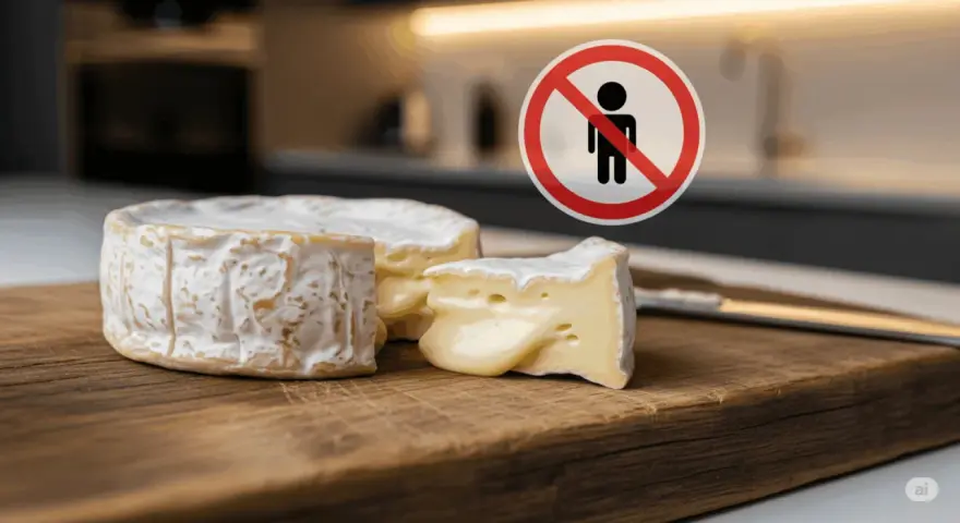 Un camembert coupé sur une planche en bois, avec un panneau d'interdiction. Question : quel fromage manger enceinte ?