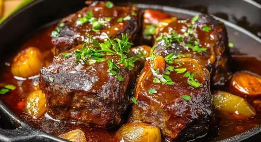 Quatre morceaux de joue de bœuf braisée, tendres et juteux, mijotent dans une sauce riche avec des oignons caramélisés et des herbes fraîches.