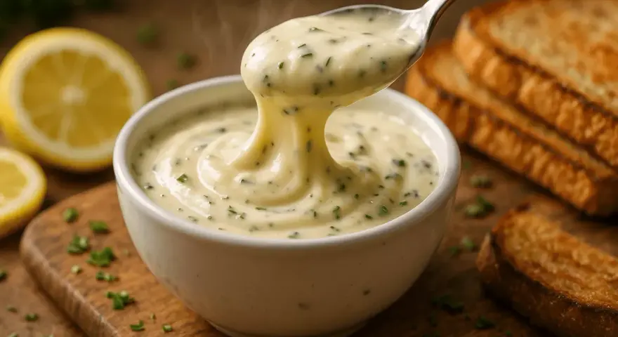Une cuillère de sauce au comté crémeuse et fumante, parsemée d'herbes, est retirée d'un bol blanc. Des toasts grillés et des citrons sont en arrière-plan.