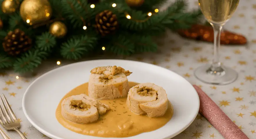 Roulades de volaille nappées d'une onctueuse sauce aux girolles, parfaits pour un repas de fête.