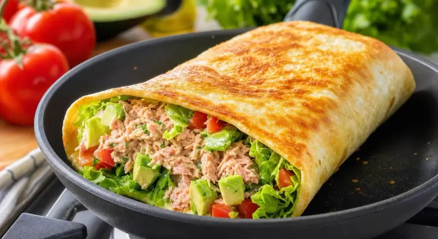 Un wrap garni de thon, avocat et tomates, prêt à être dégusté. Une recette wrap facile et rapide pour un repas sain.