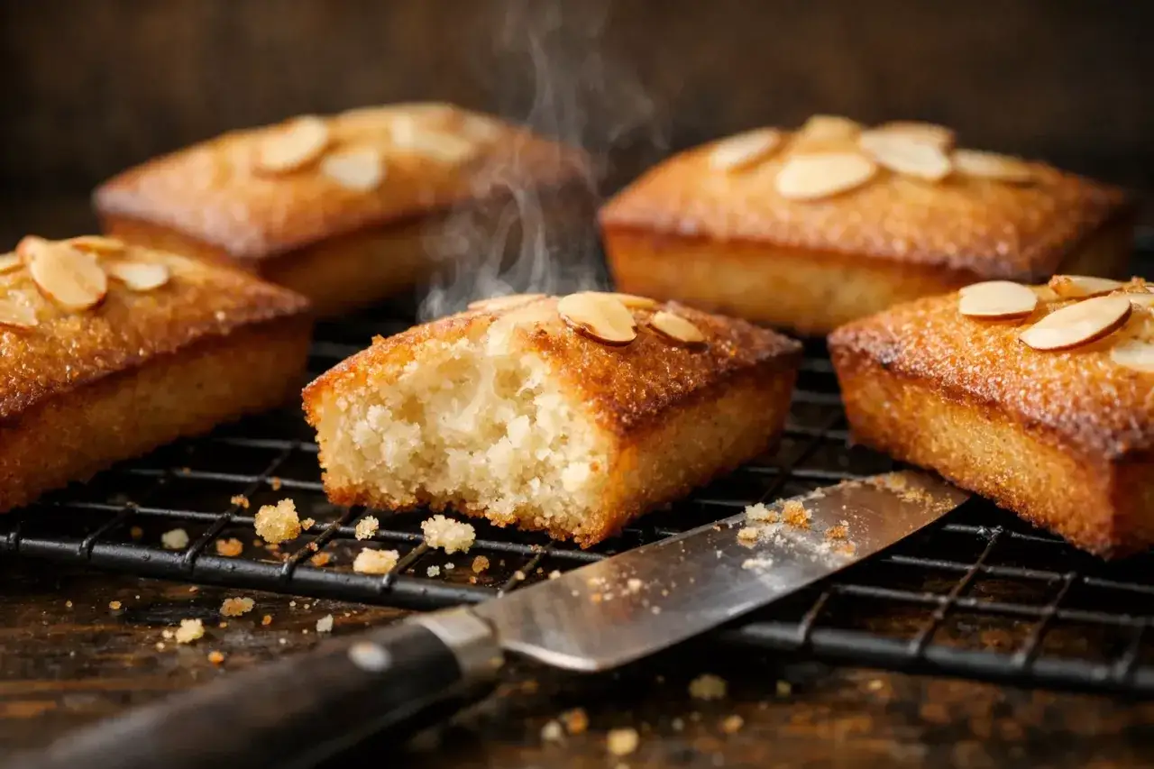 Financiers dorés, tout juste sortis du four, parfaits pour une recette de financier. Vapeur s'échappant d'un gâteau entamé.