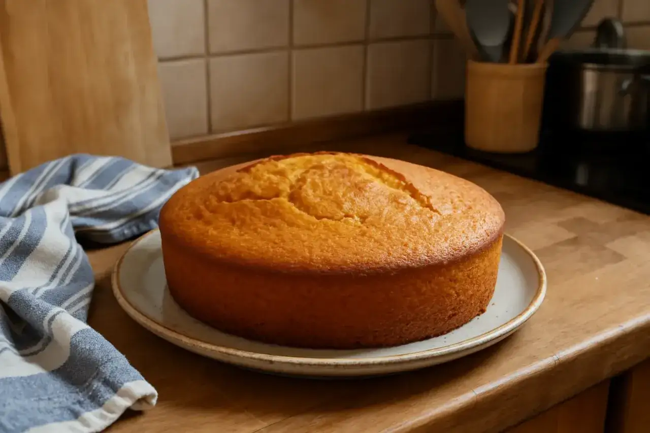 Un délicieux gâteau nature, doré et moelleux, posé sur une assiette. Une serviette à rayures bleues et blanches est à côté.