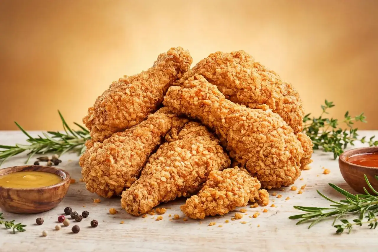 Un tas de d&eacute;licieux nuggets maison dor&eacute;s et croustillants, accompagn&eacute;s de sauces et d'herbes fra&icirc;ches.