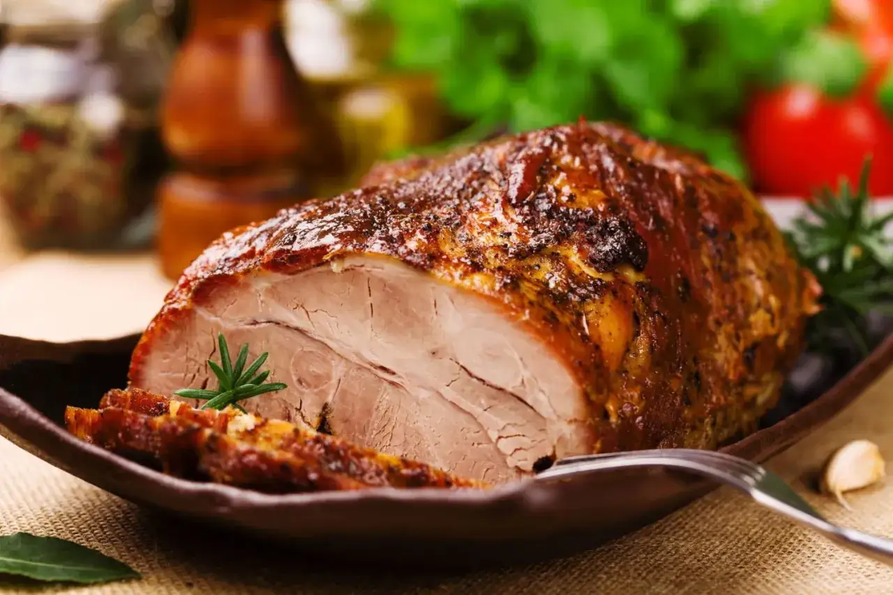 Un rôti de porc juteux, tranché, avec une croûte dorée. Idéal pour connaître le temps de cuisson d'un rôti de porc parfait.