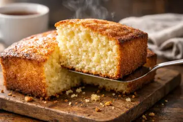 Un délicieux gâteau nature, encore chaud, est servi sur une planche en bois. La vapeur s'en dégage, invitant à la dégustation.