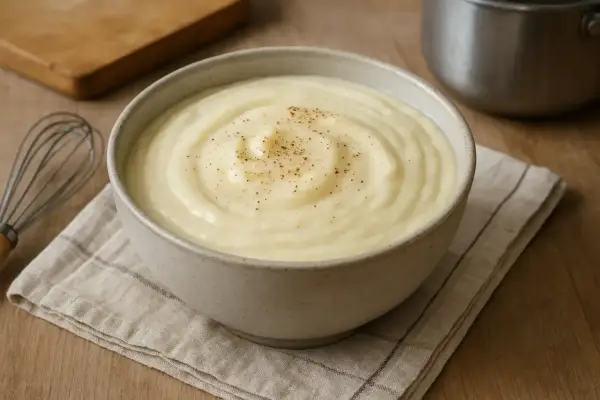 Bol de béchamel onctueuse saupoudré de poivre, avec un fouet et une planche en bois en arrière-plan.