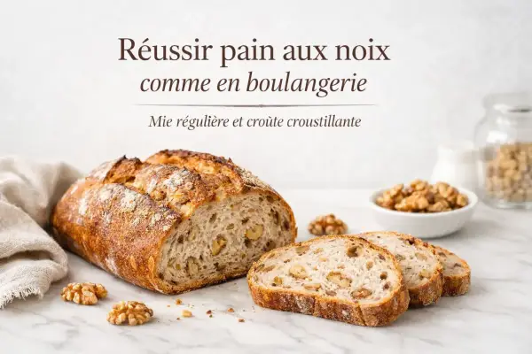 Un pain aux noix artisanal, tranché, avec une mie aérée et une croûte dorée. Des noix parsèment la mie et quelques-unes sont disposées autour.