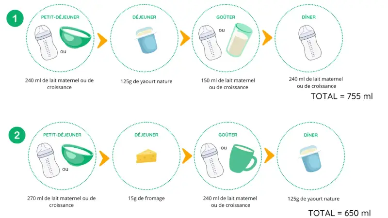 Deux journées types pour bébé : petit-déjeuner, déjeuner, goûter et dîner. On peut y voir du lait maternel ou de croissance, du yaourt, du fromage. Le petit lait est une option pour le petit-déjeuner.