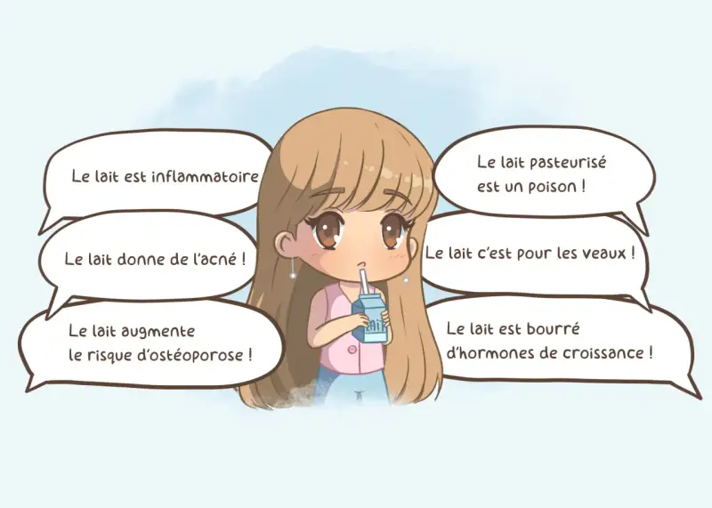 Une jeune fille boit du lait, entourée de bulles de dialogue affirmant que le lait pasteurisé c'est quoi, qu'il est inflammatoire, donne de l'acné, est pour les veaux, et plein d'hormones.