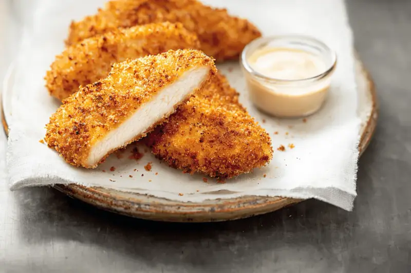 Délicieux poulet pané croustillant, coupé en deux pour montrer sa tendreté, servi avec une sauce crémeuse.