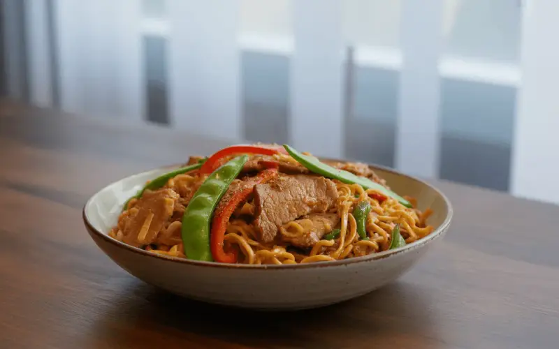 Un plat de nouilles asiatiques avec de l'émincé de porc, des pois gourmands et des poivrons rouges.