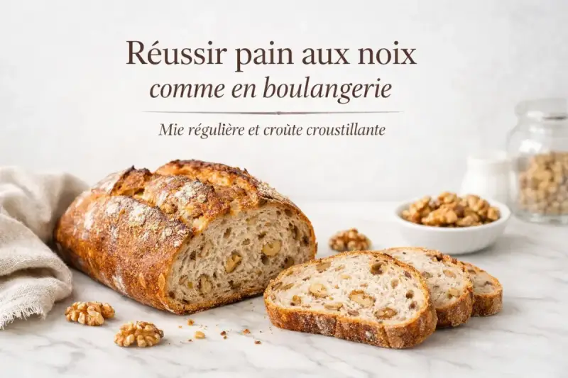 Un pain aux noix artisanal, tranché, avec une mie aérée et une croûte dorée. Des noix parsèment la mie et quelques-unes sont disposées autour.