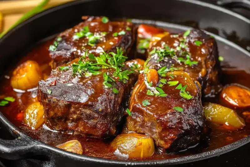 Quatre morceaux de joue de bœuf braisée, tendres et juteux, mijotent dans une sauce riche avec des oignons caramélisés et des herbes fraîches.